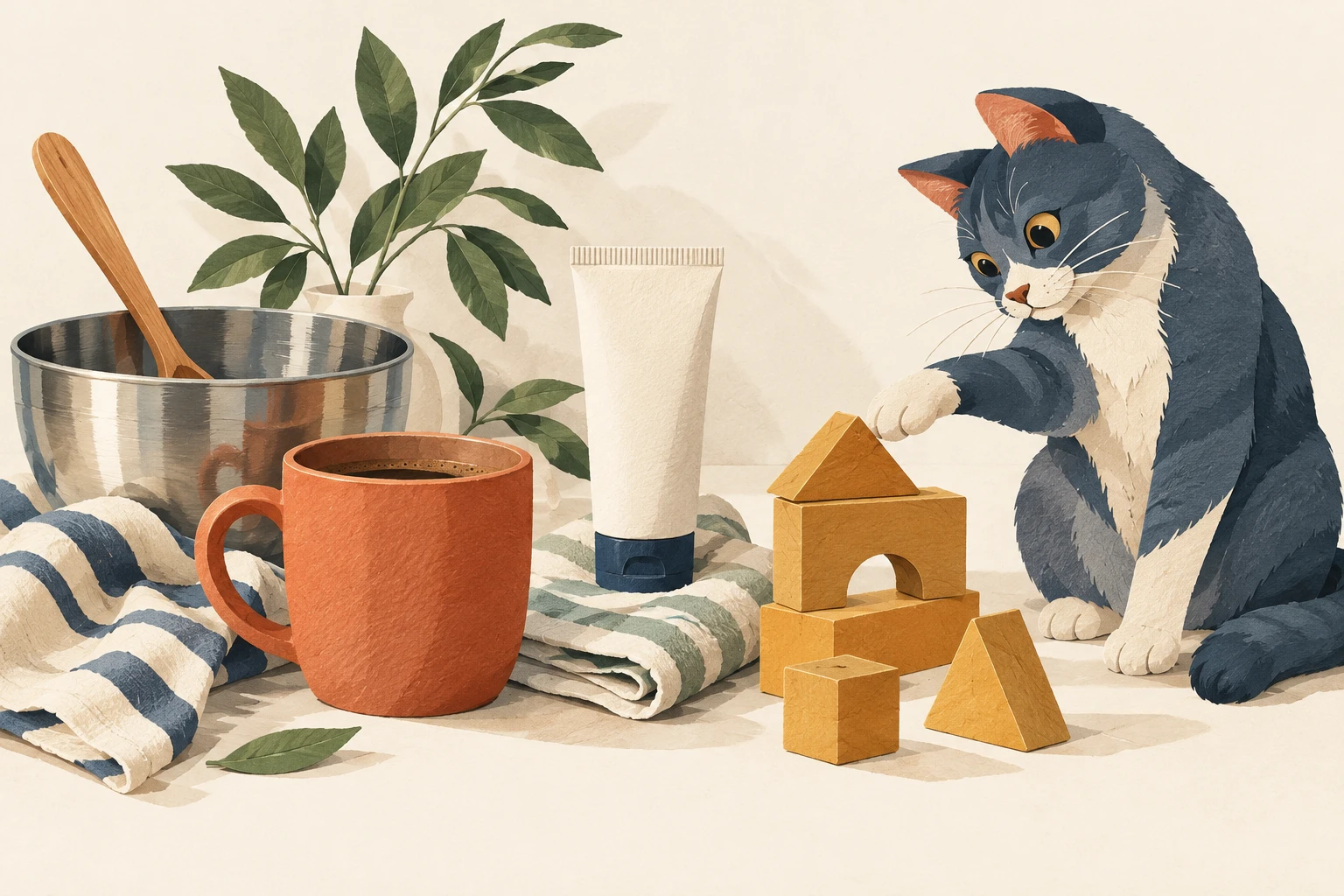 Ilustração original: café, cuidados, brincadeira e um gato curioso